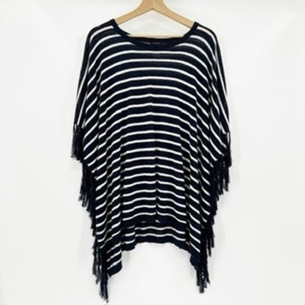 Talbots Navy Blue White Striped Linen Blend Fringe Poncho Top Womens Size S